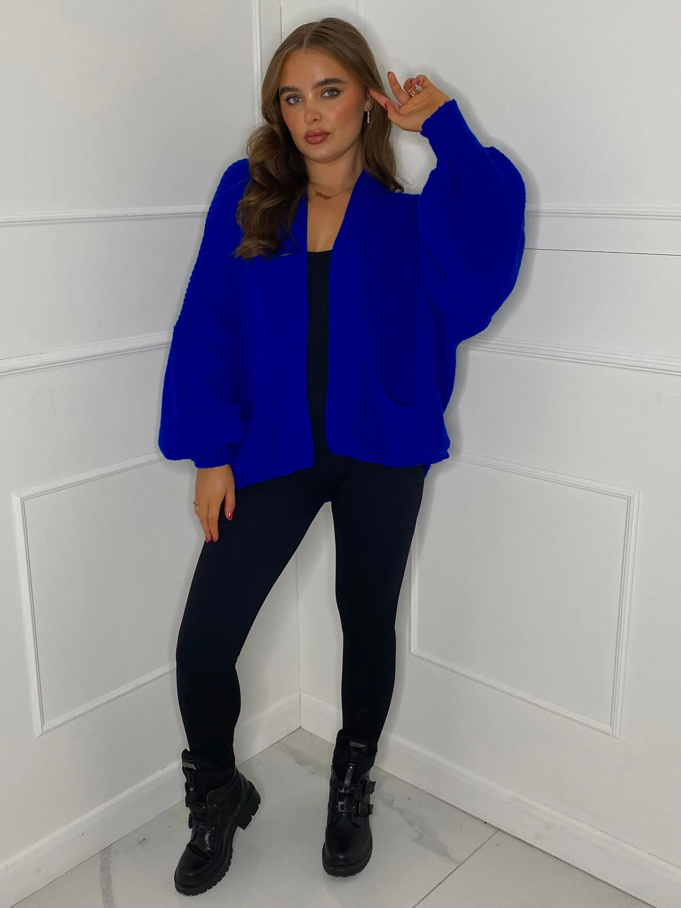 Balloon Sleeve Knitted Cardigan - Royal Blue