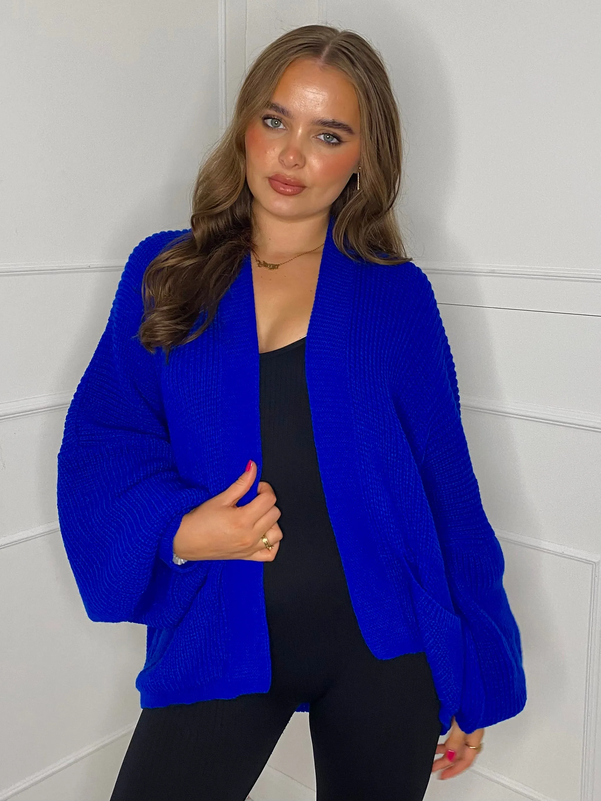 Balloon Sleeve Knitted Cardigan - Royal Blue