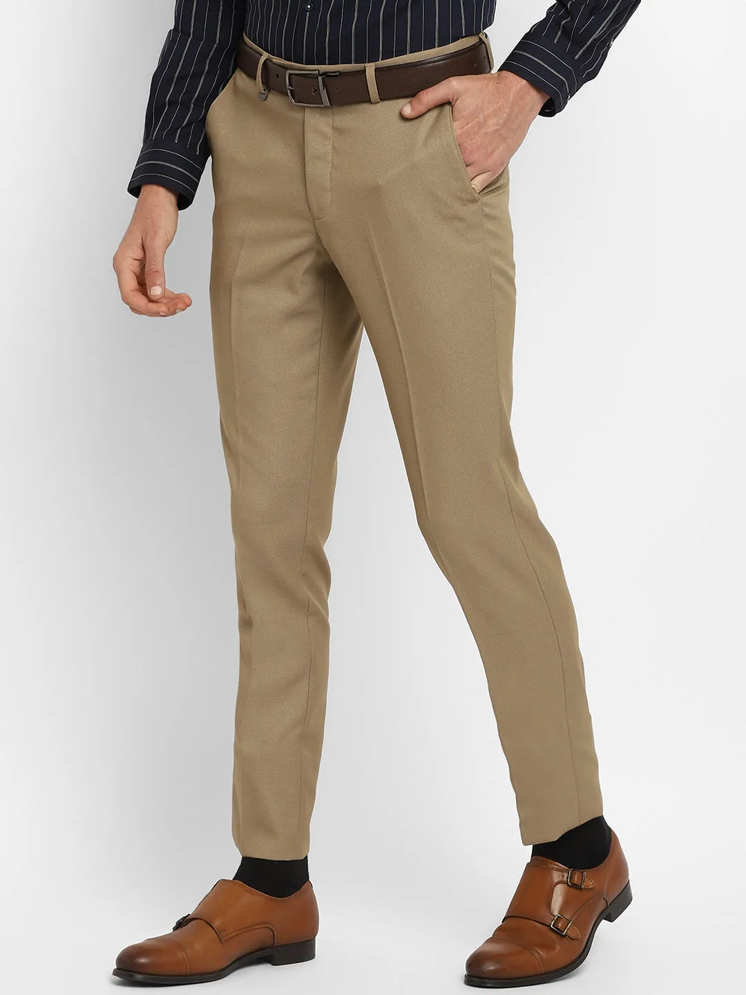 Beige Self Design Slim Fit Trouser