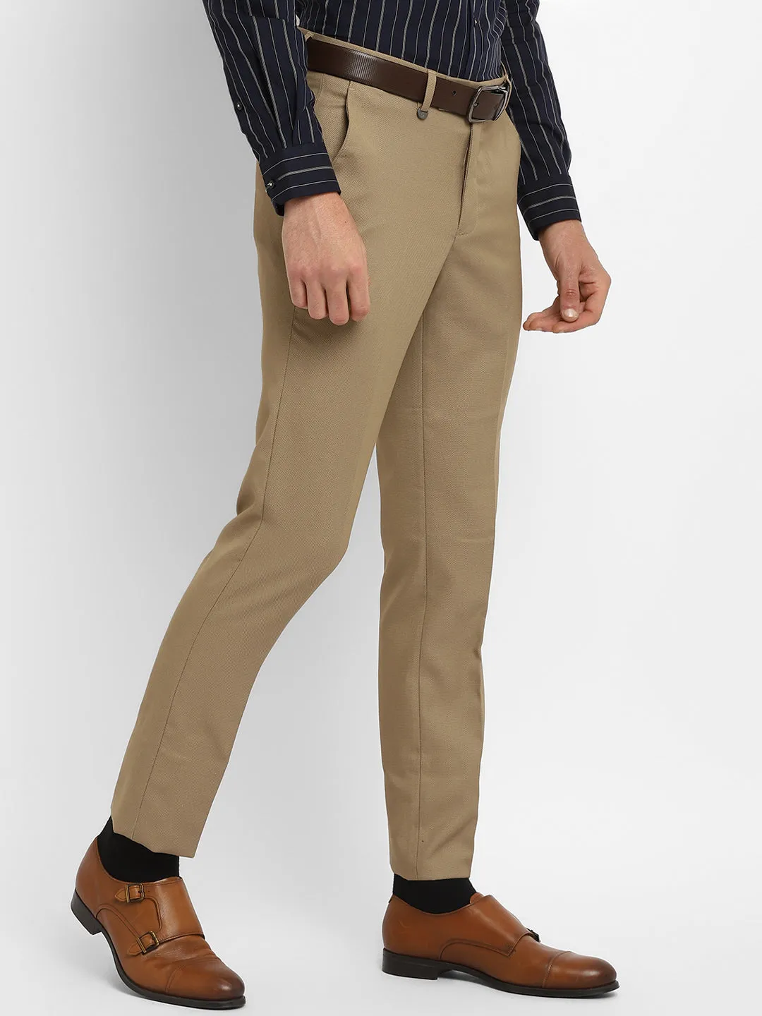 Beige Self Design Slim Fit Trouser