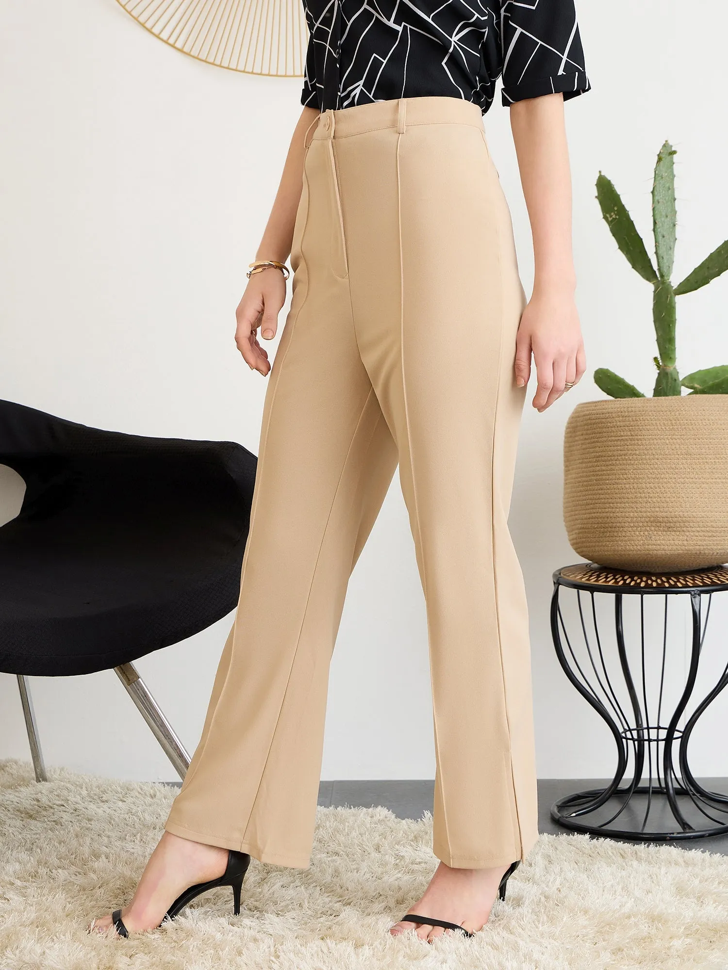 Berrylush BIZwear Women Solid Beige High-Rise Waist Straight-Leg Front-Pleat Knitted Regular Trousers