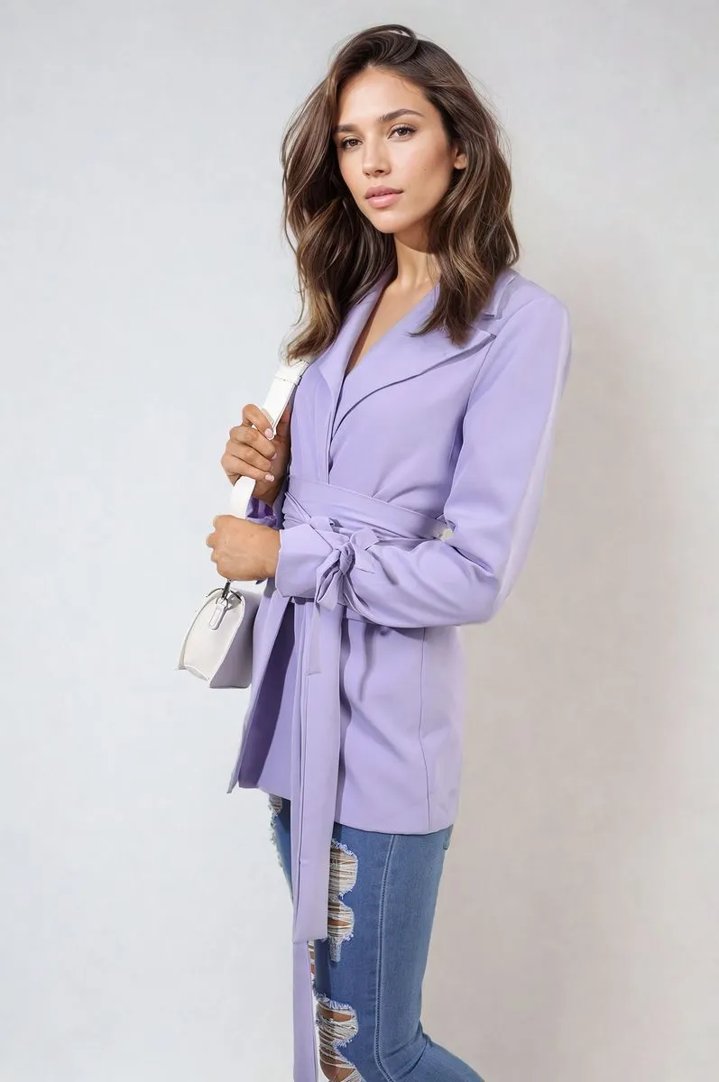 Collared Long Sleeve V-Neck Belted Blazer Jacket