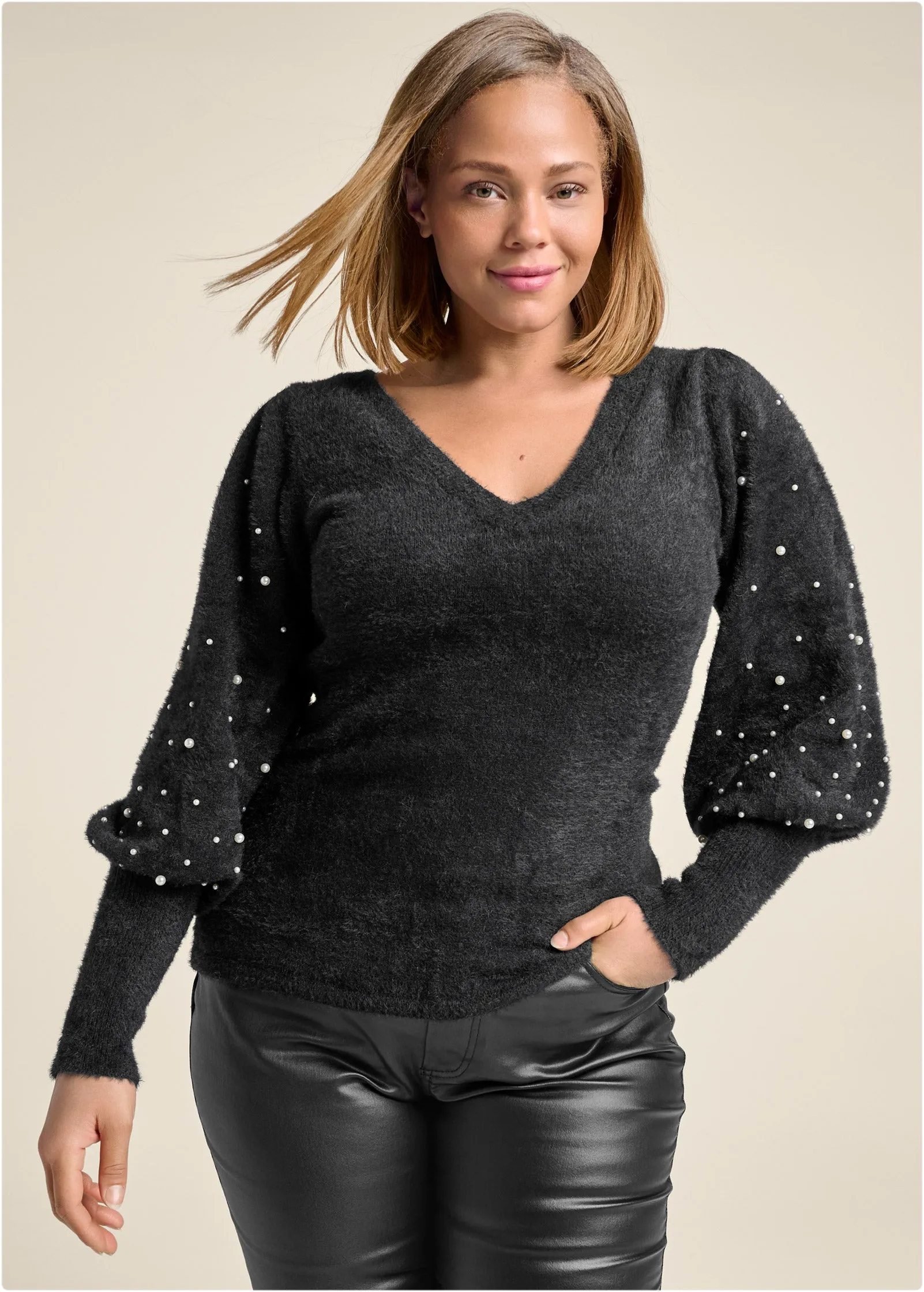 Cozy Bubble Sleeve Sweaters With Pearls - Black