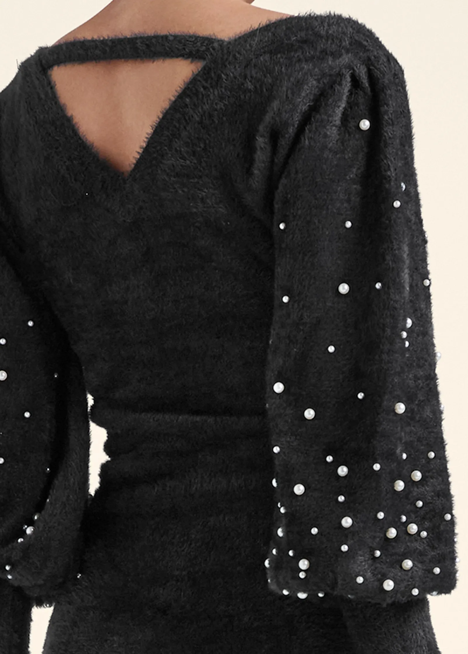 Cozy Bubble Sleeve Sweaters With Pearls - Black