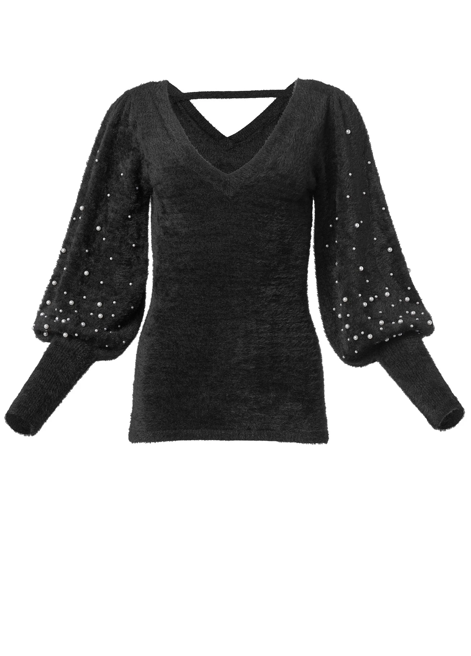 Cozy Bubble Sleeve Sweaters With Pearls - Black