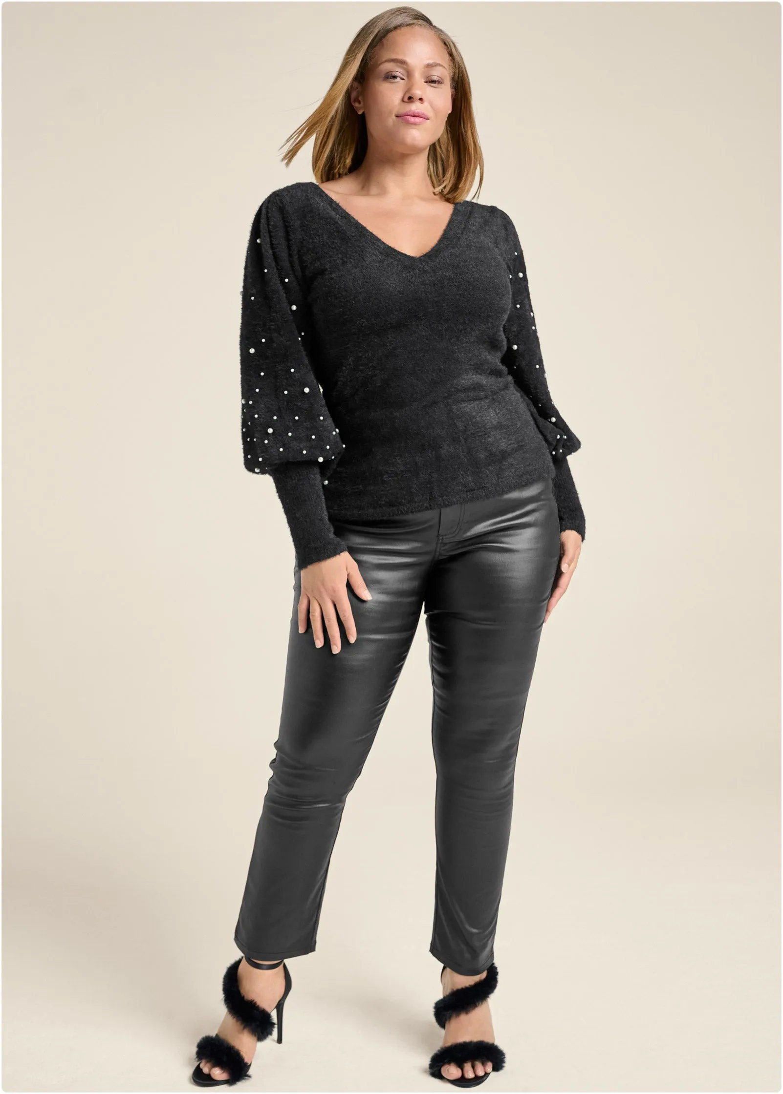 Cozy Bubble Sleeve Sweaters With Pearls - Black