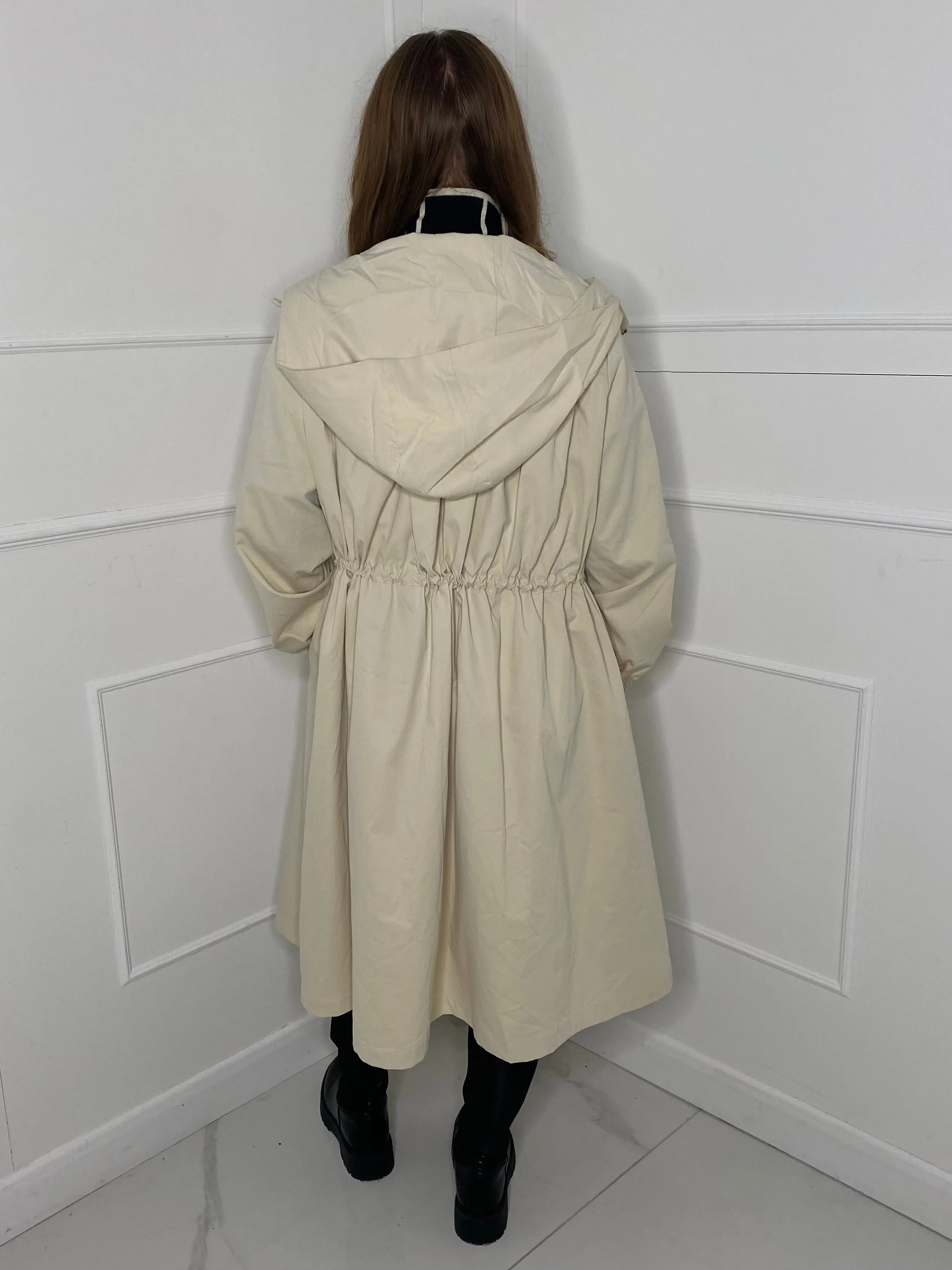 Drawstring Detail Hooded Trench Coat - Cream