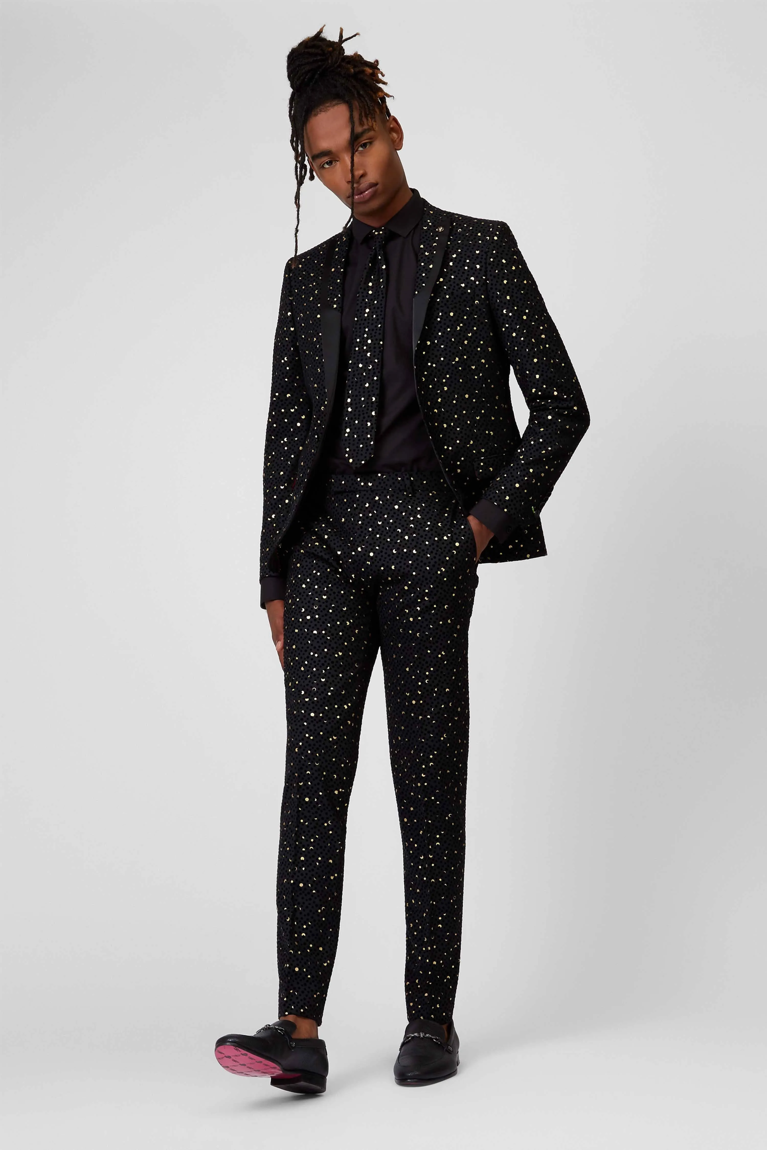 Farrow Skinny Fit Black Polka Dot Tuxedo Trousers