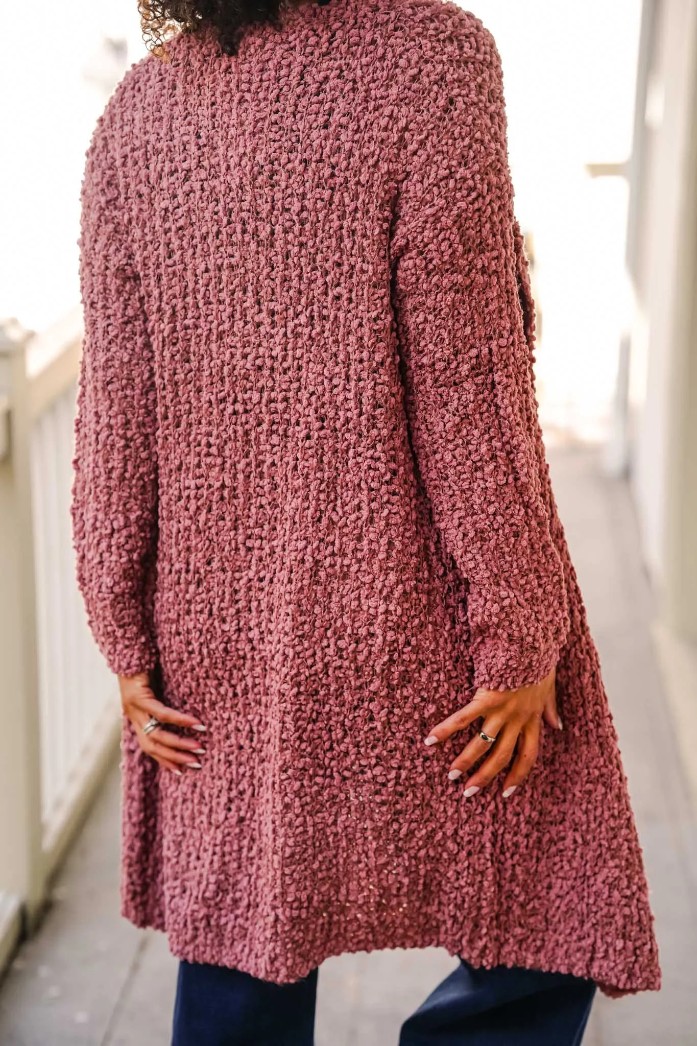 Frosted Berry Bliss Open Front Popcorn Knit Cardigan- Clay