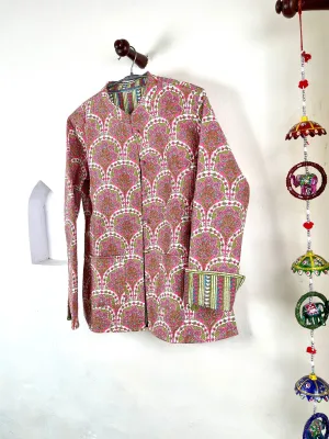 Indian Handmade Quilted Fabric Jacket Stylish Pink & Green Women's Coat, Reversible Jacket for Her