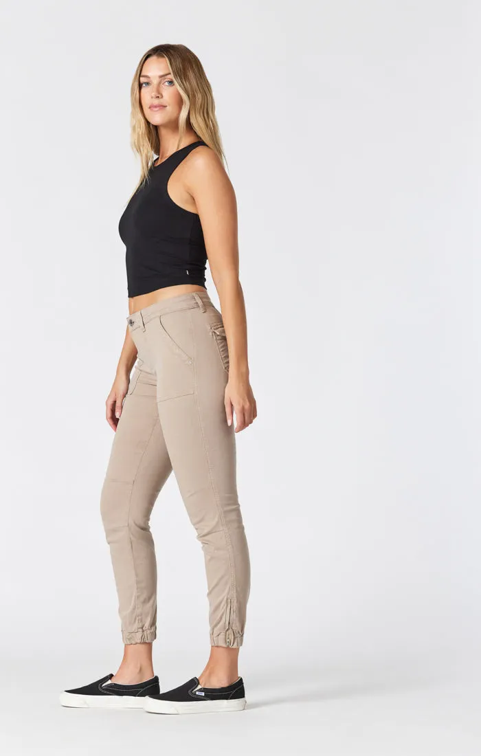 IVY SLIM CARGO PANTS IN SILVER MINK SATEEN