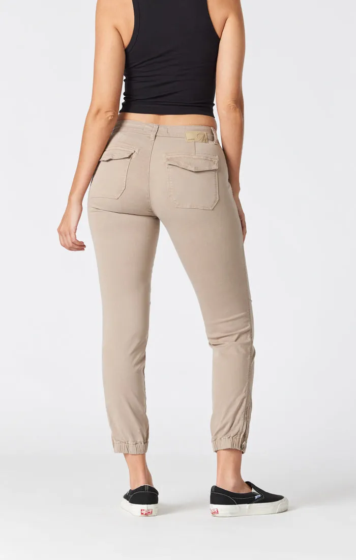 IVY SLIM CARGO PANTS IN SILVER MINK SATEEN