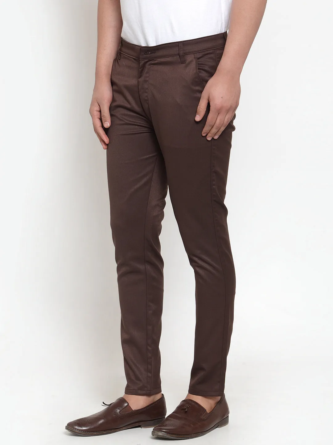 Jashvi Men's Brown Solid Formal Trousers