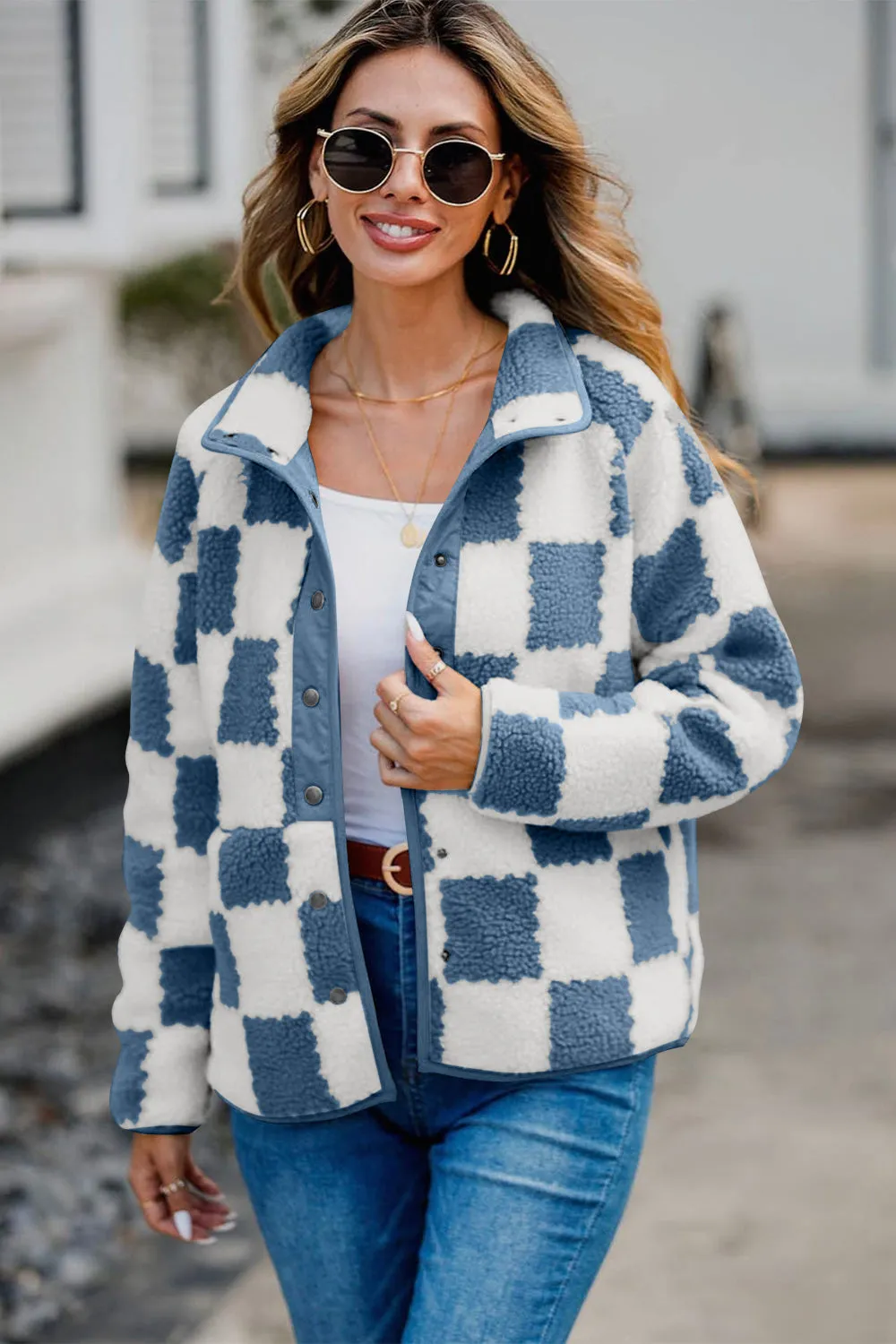 kesley Checkered Snap Down Long Sleeve Teddy Jacket