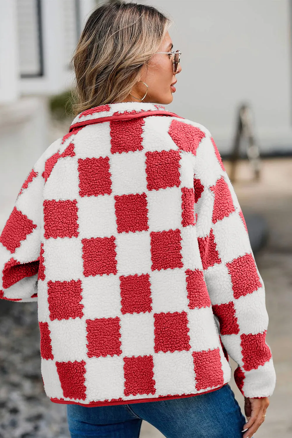 kesley Checkered Snap Down Long Sleeve Teddy Jacket