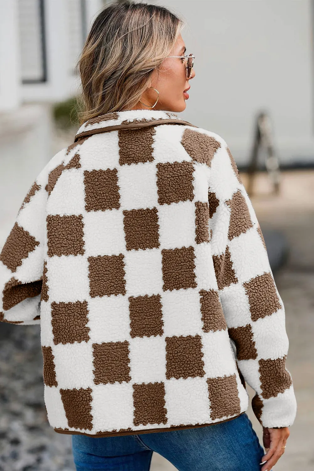 kesley Checkered Snap Down Long Sleeve Teddy Jacket