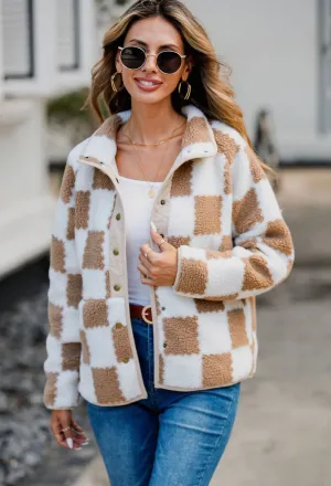 kesley Checkered Snap Down Long Sleeve Teddy Jacket