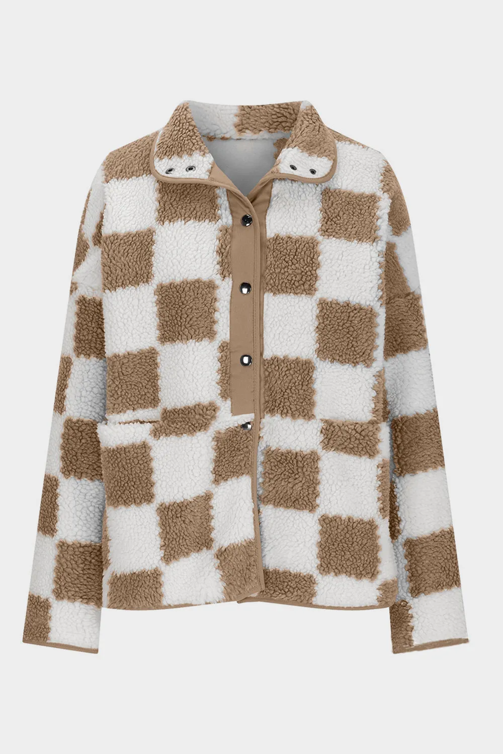 kesley Checkered Snap Down Long Sleeve Teddy Jacket