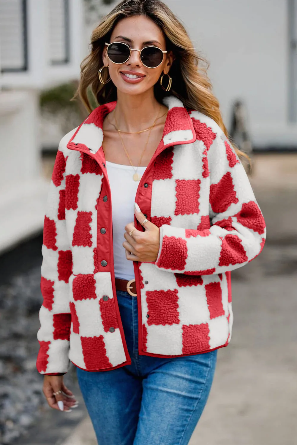 kesley Checkered Snap Down Long Sleeve Teddy Jacket