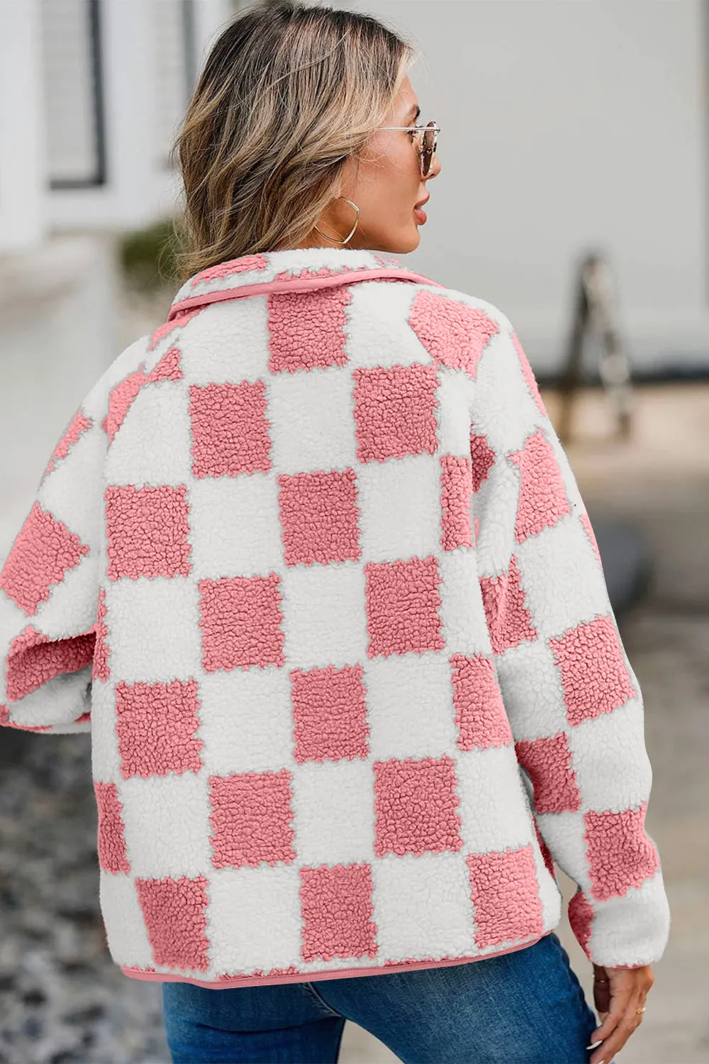 kesley Checkered Snap Down Long Sleeve Teddy Jacket