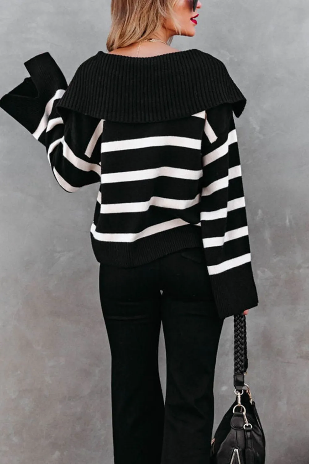 kesley Striped Johnny Collar Long Sleeve Sweater