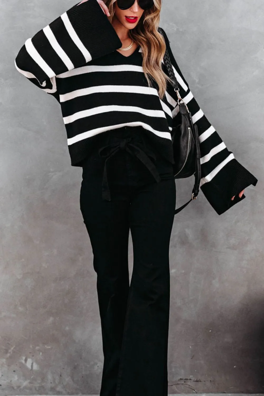 kesley Striped Johnny Collar Long Sleeve Sweater