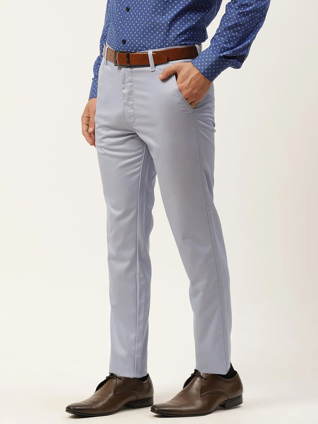 Men's Cotton Blend Blue Solid Formal Trousers - Sojanya