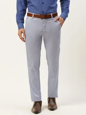 Men's Cotton Blend Blue Solid Formal Trousers - Sojanya