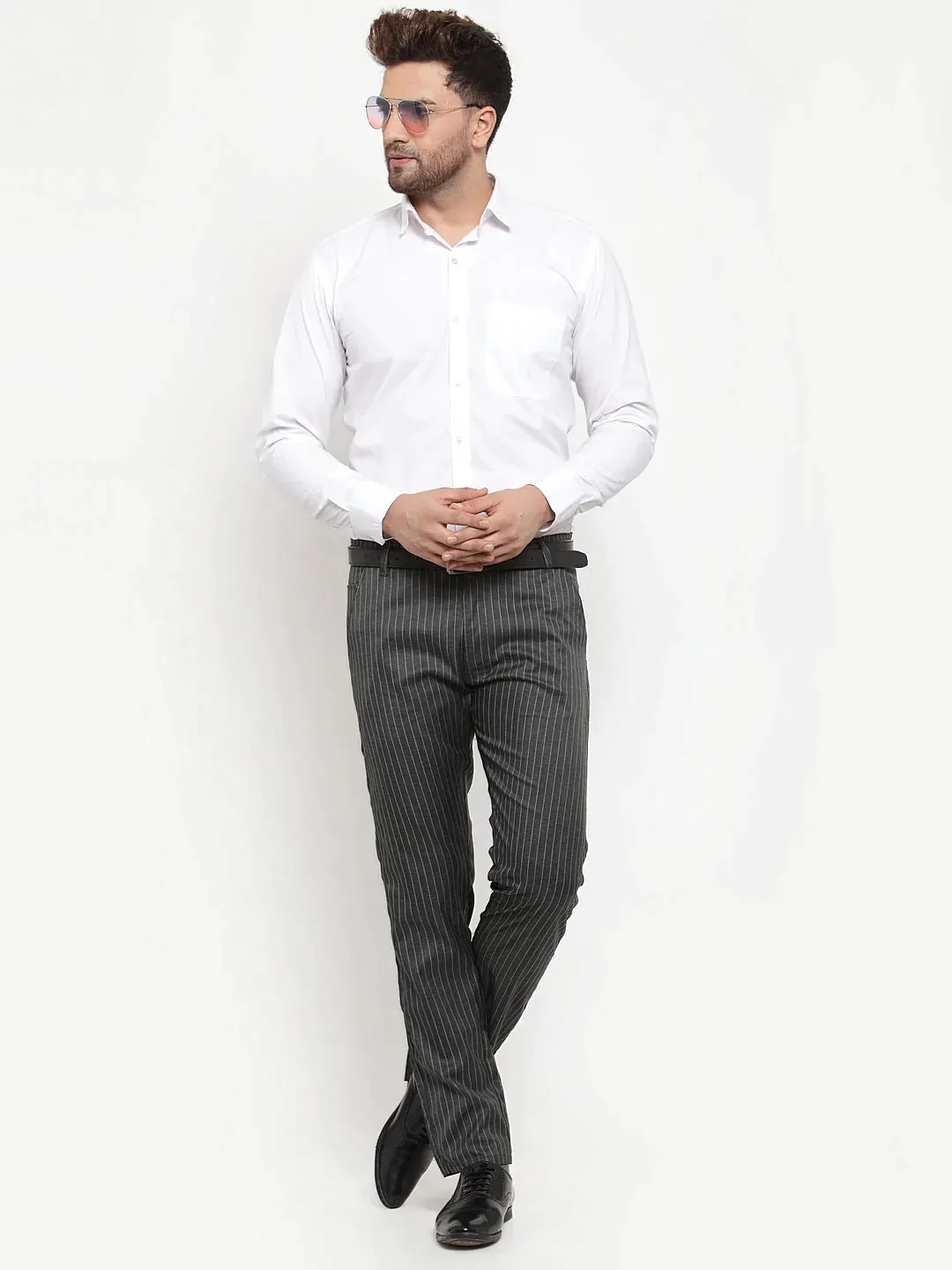 Men'S Green Cotton Striped Formal Trousers