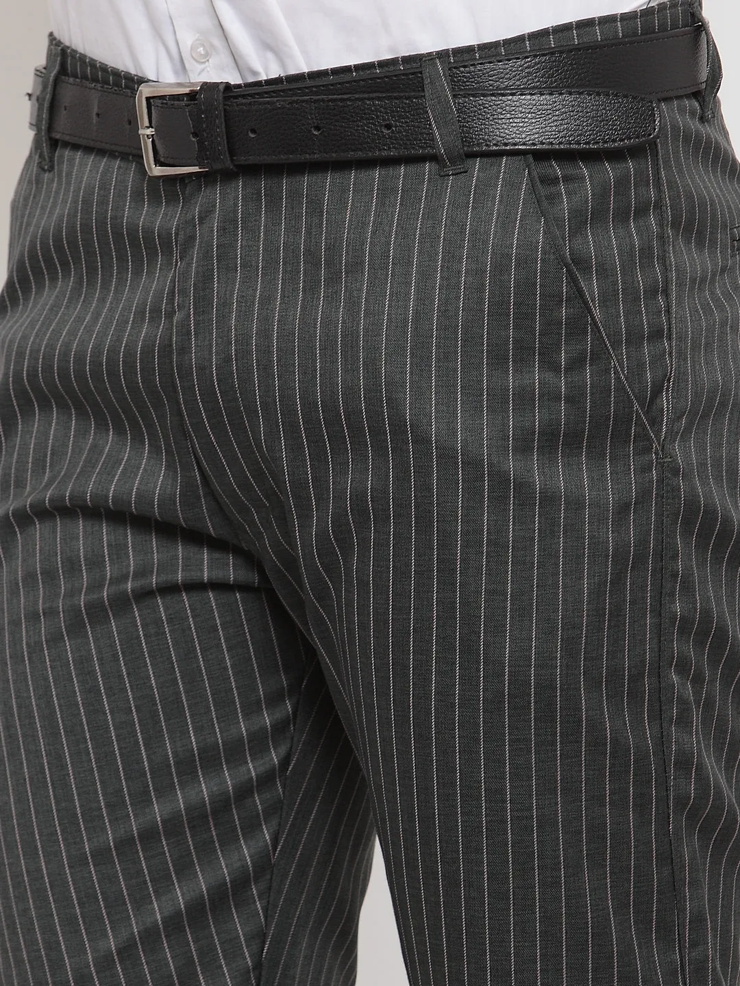 Men'S Green Cotton Striped Formal Trousers