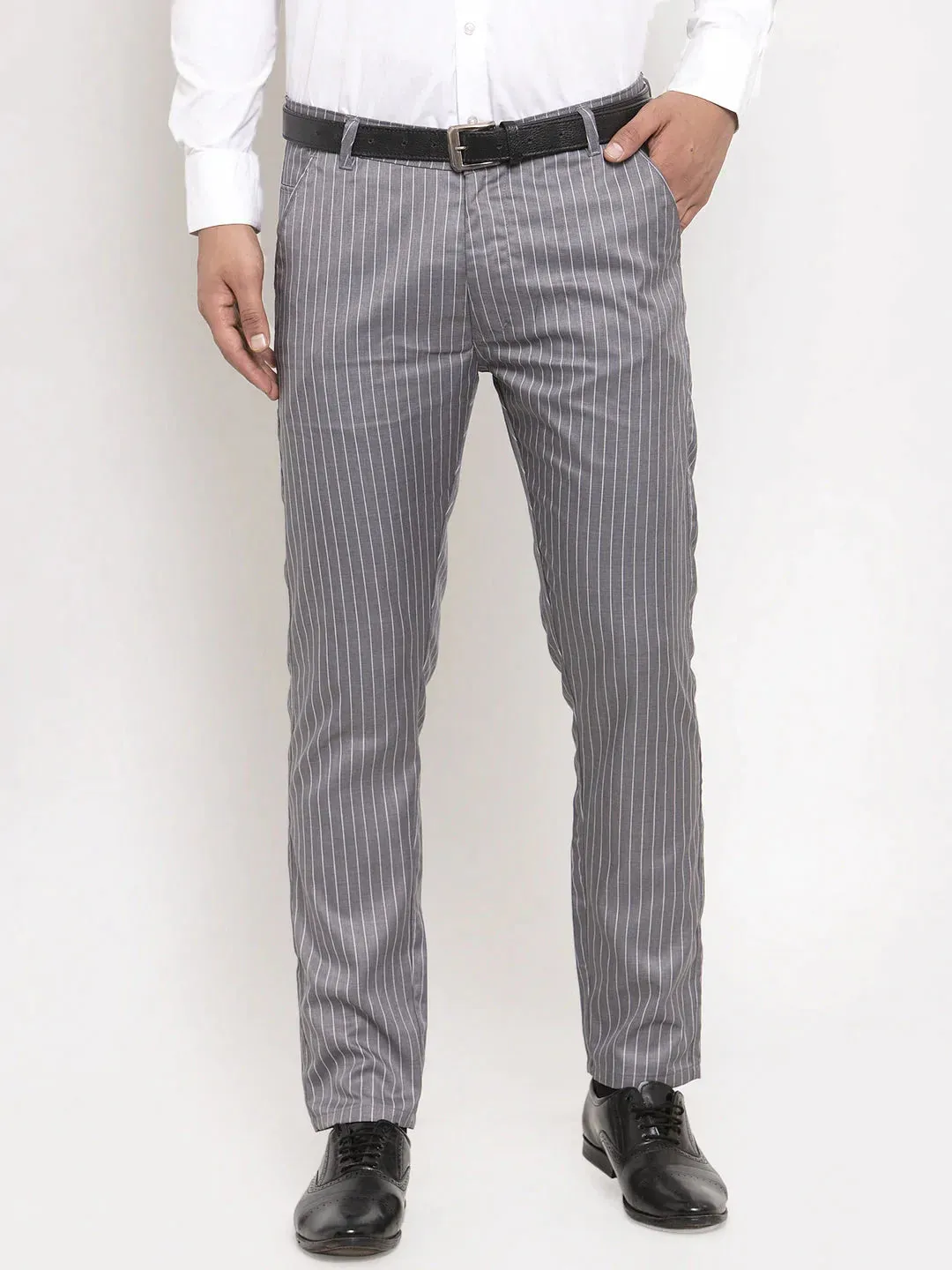 Men'S Grey Cotton Striped Formal Trousers