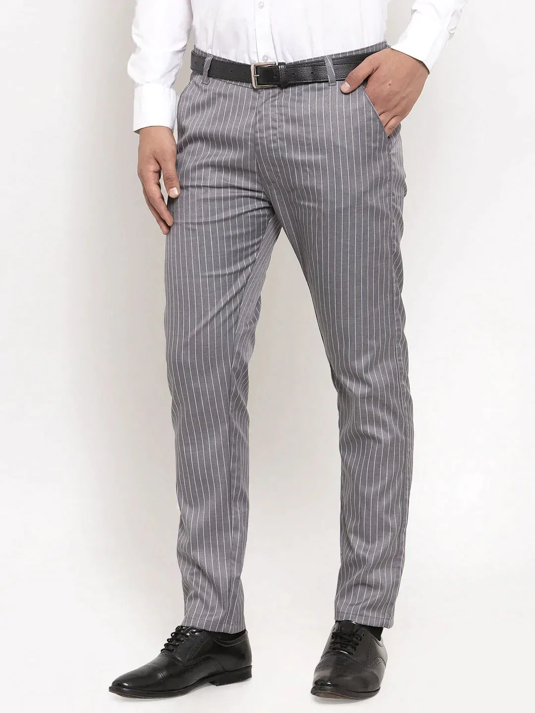 Men'S Grey Cotton Striped Formal Trousers