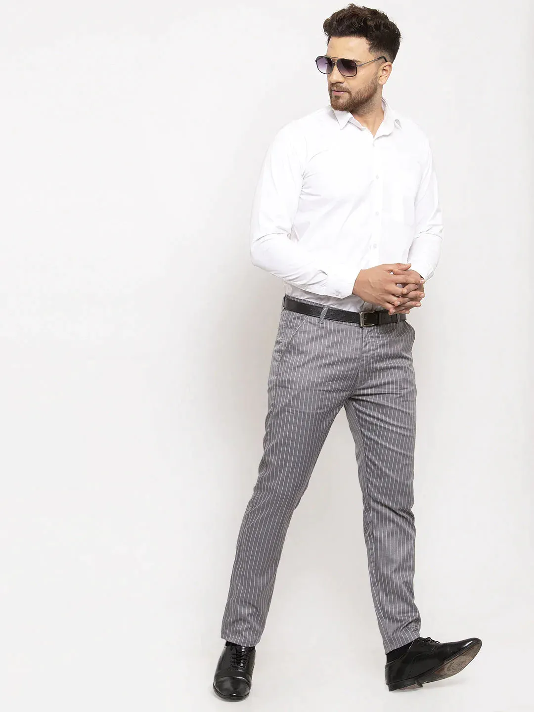 Men'S Grey Cotton Striped Formal Trousers