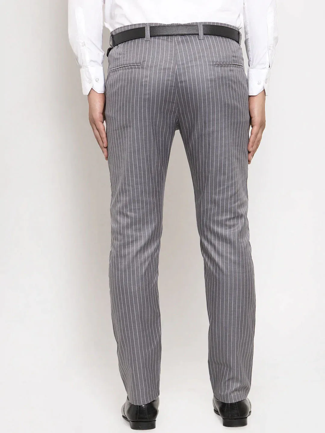 Men'S Grey Cotton Striped Formal Trousers