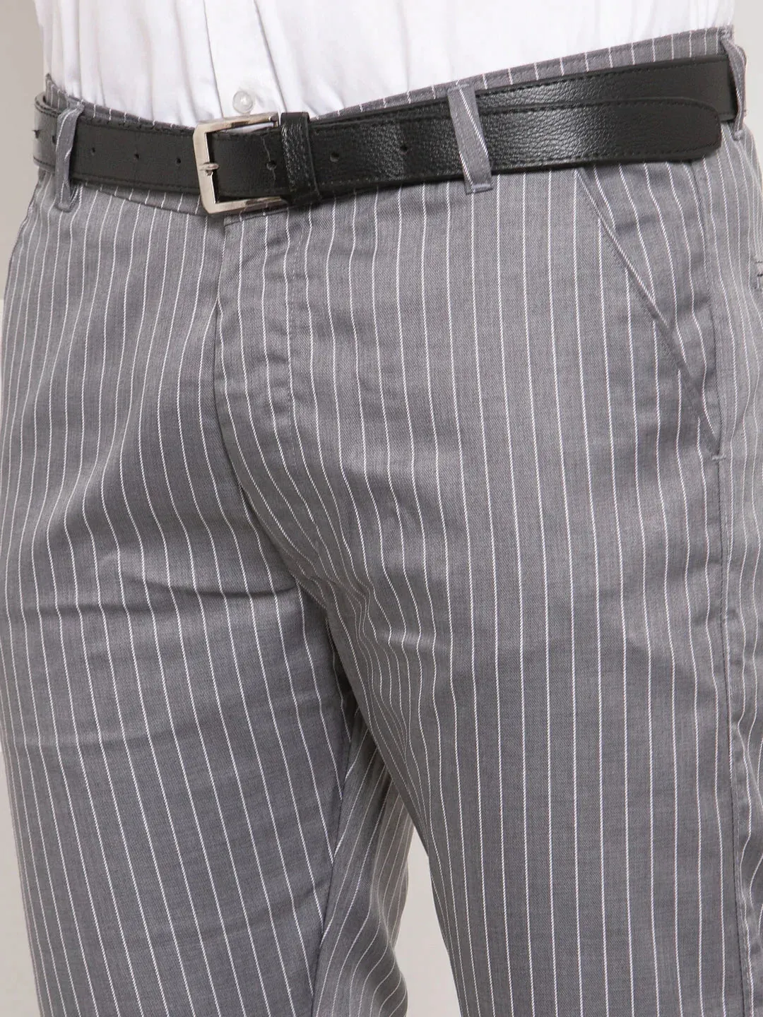 Men'S Grey Cotton Striped Formal Trousers