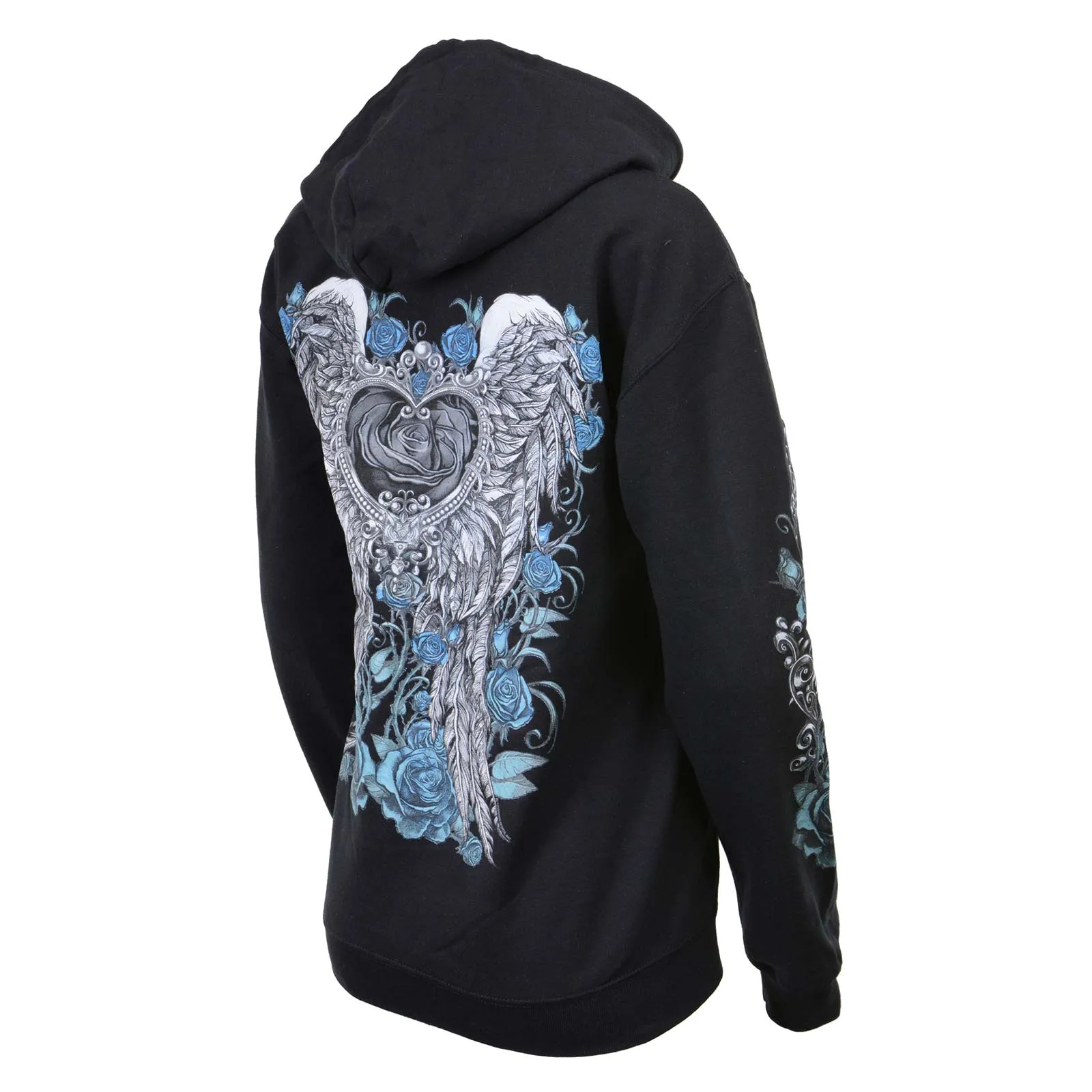 Milwaukee Leather MPLH228001 Women's 'Angel Roses' Zip Up Hooded Black Sweat Shirt