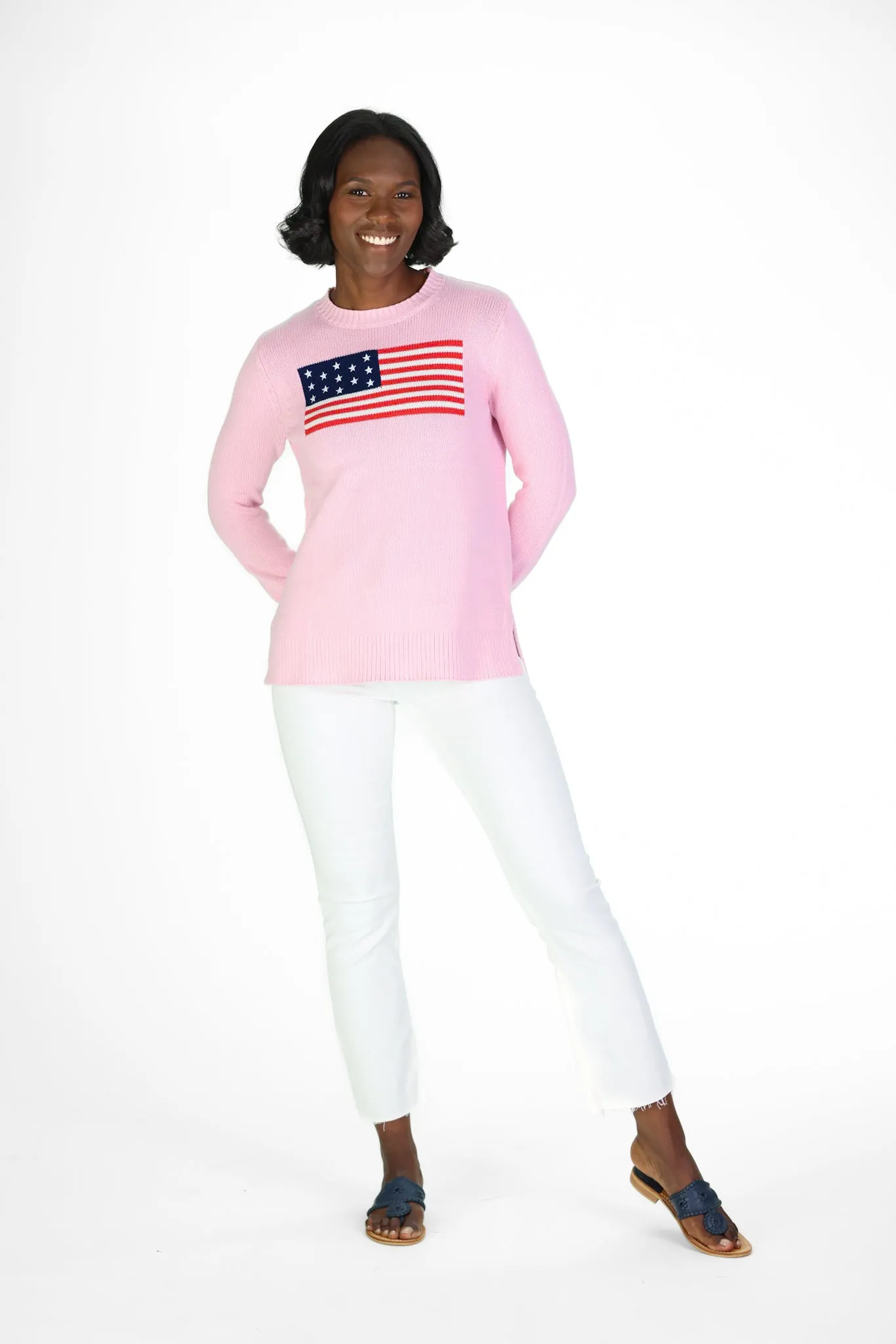 Pink Casual Crew Flag Sweater