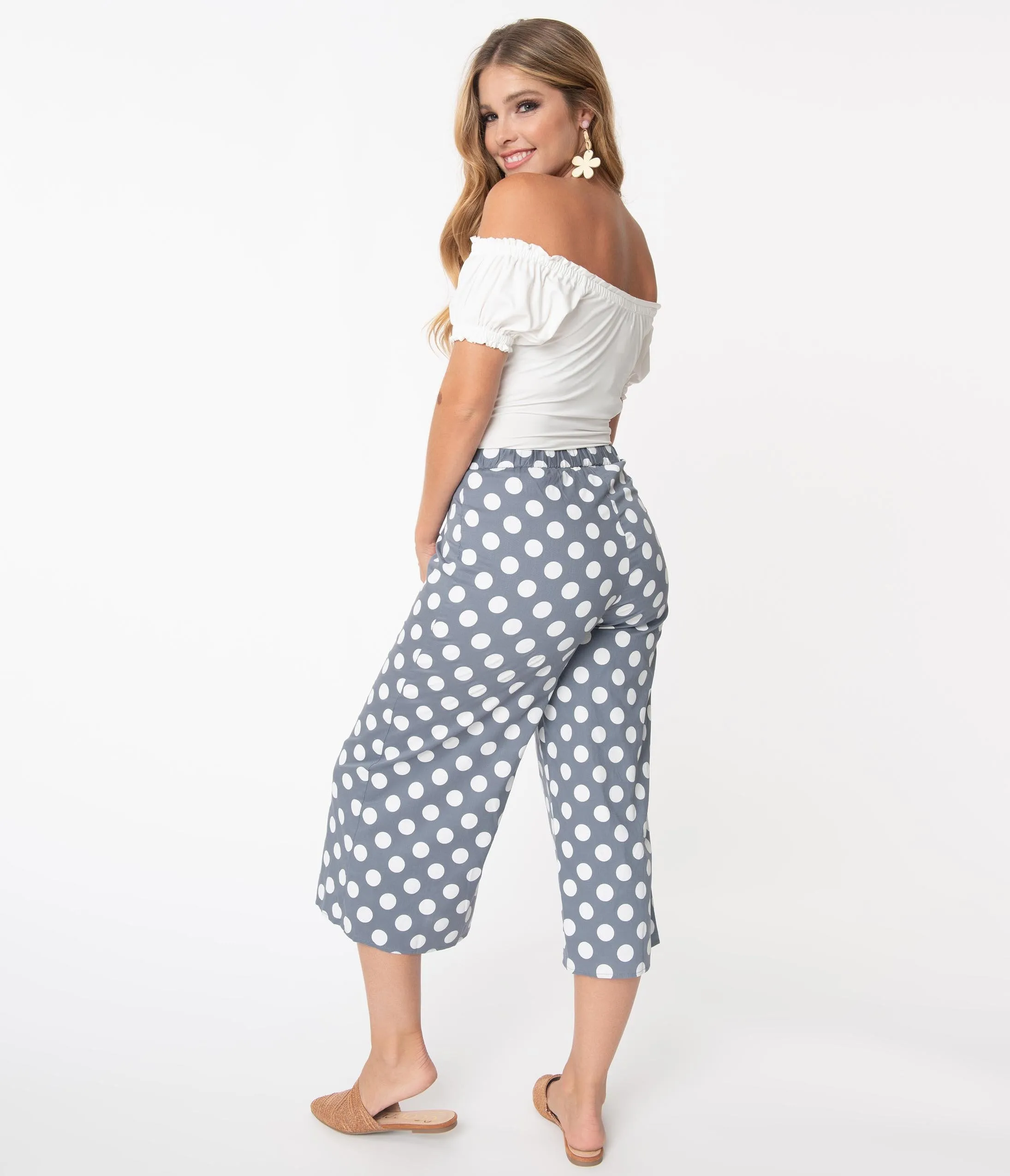 Retro Style Grey & White Polka Dot Culotte Pants