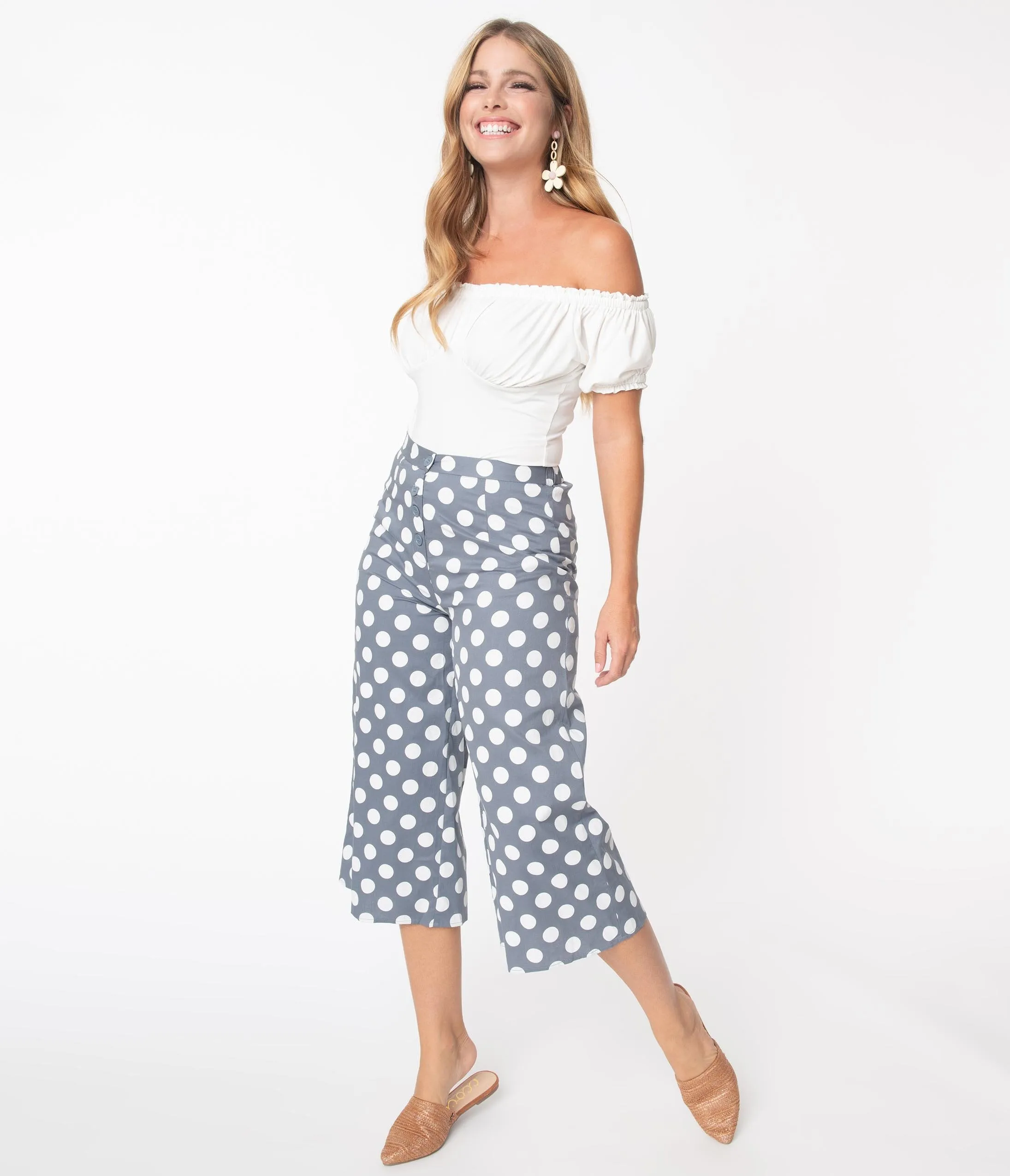 Retro Style Grey & White Polka Dot Culotte Pants