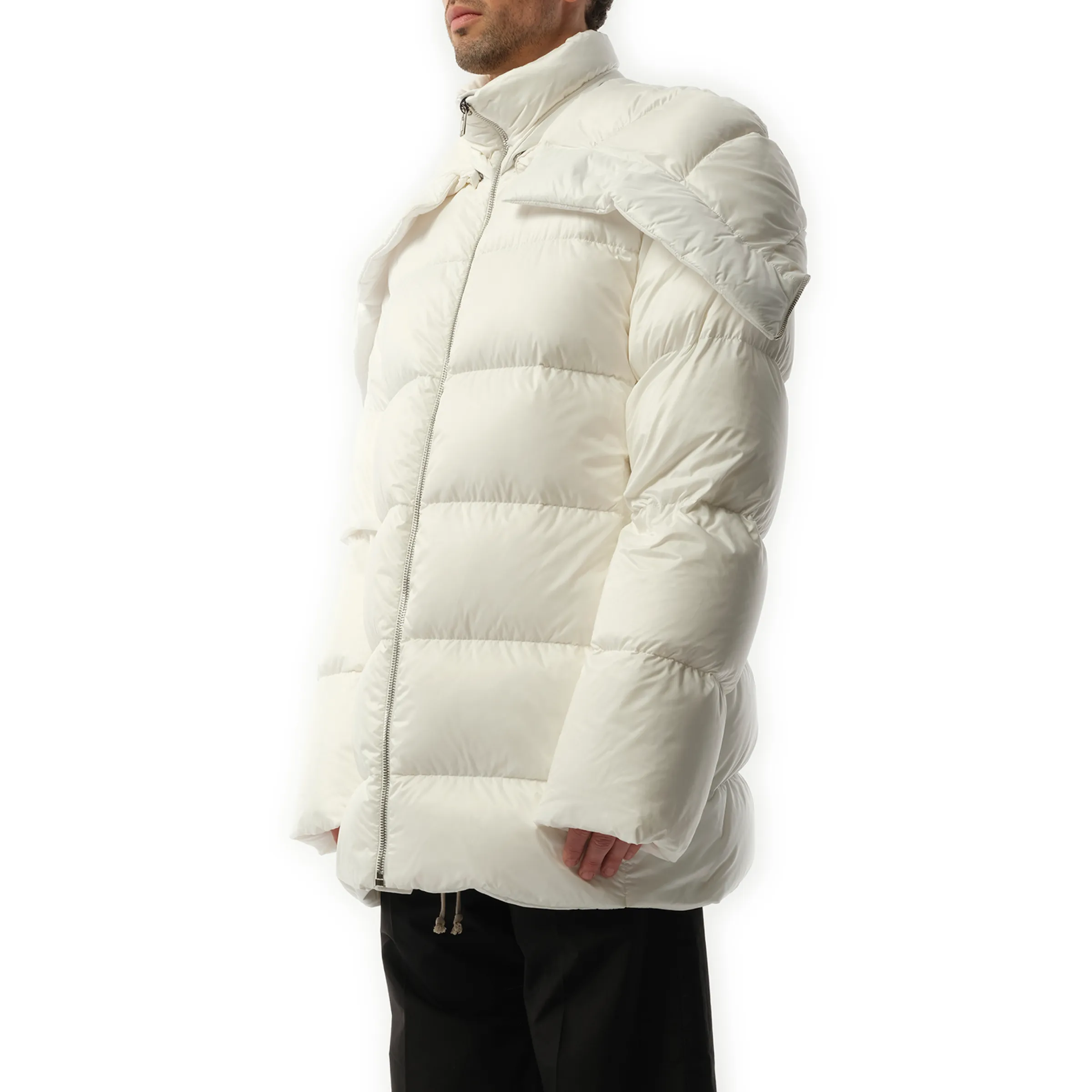 Rick Owens x Moncler Hooded Cyclopic Coat in Milk