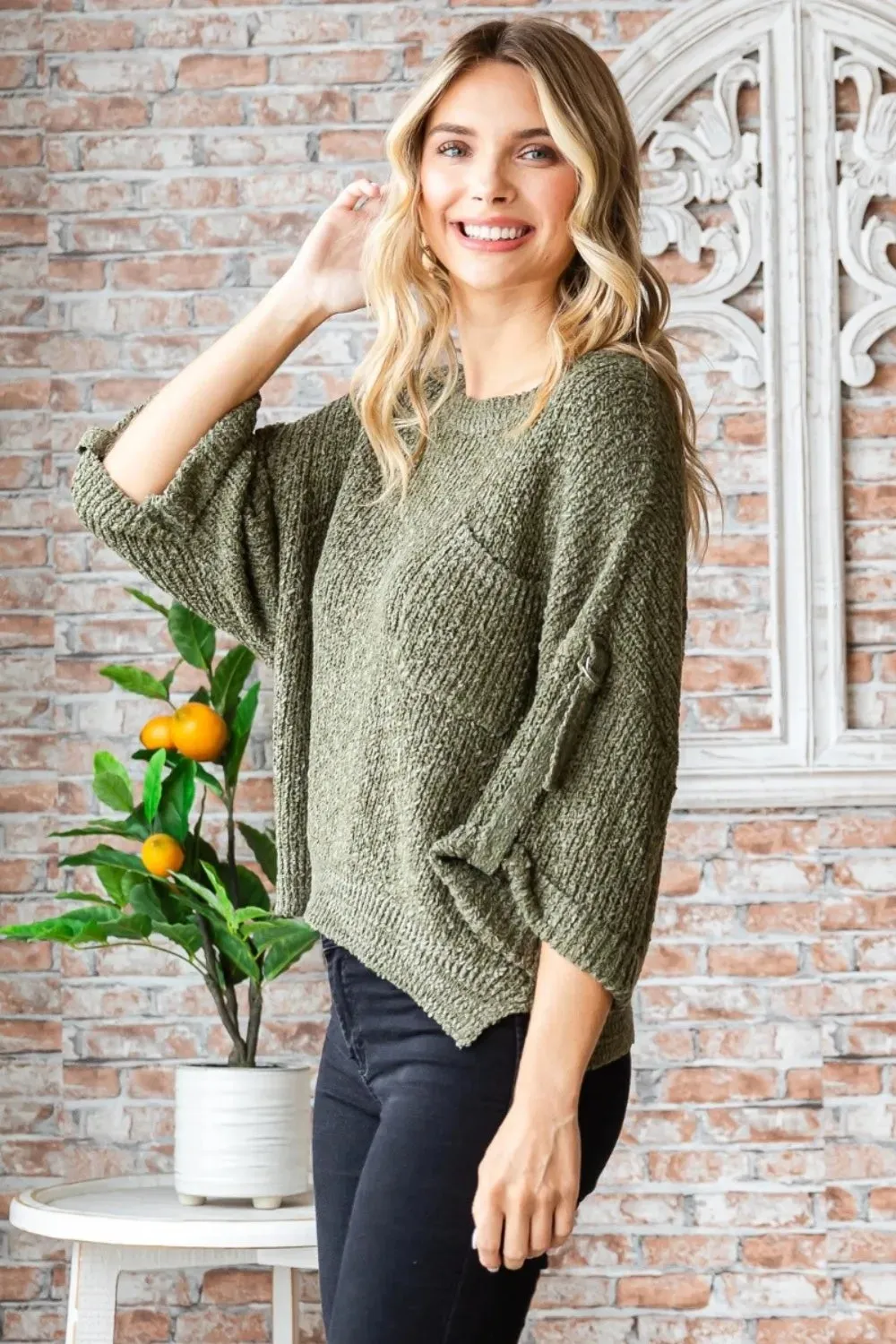 Round Neck Roll-Up Sweater