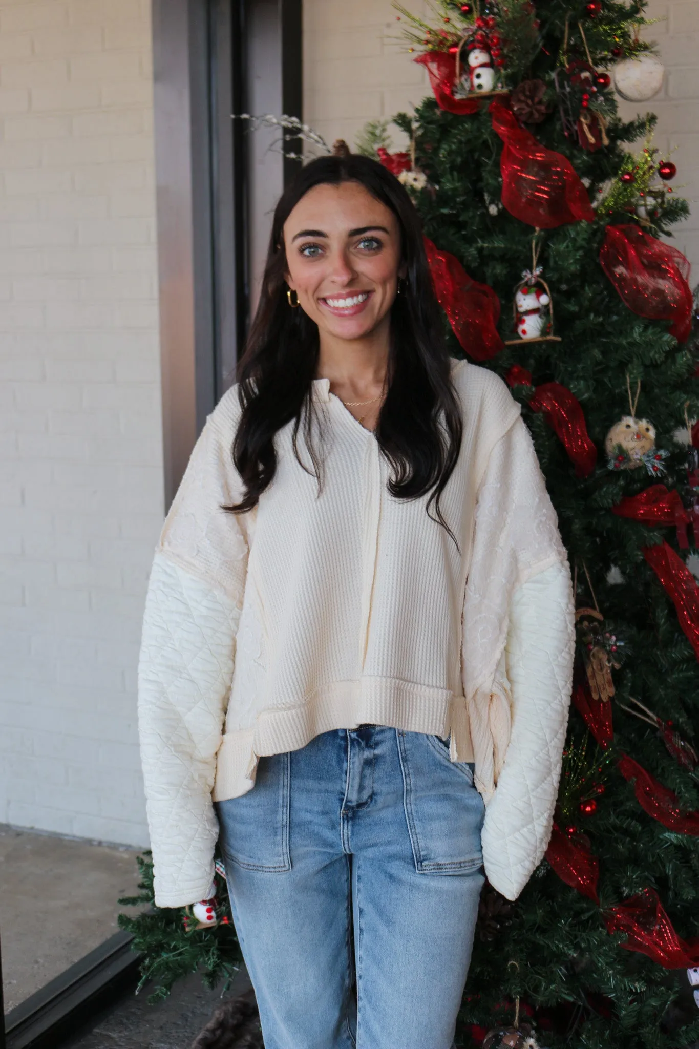 Sweet And Innocent Quilted Floral Cream Sweater