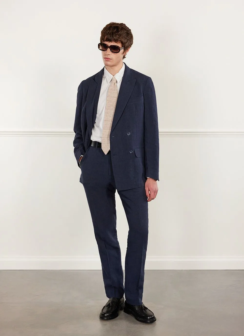 Tailored Double Breasted Blazer | Linen | Navy